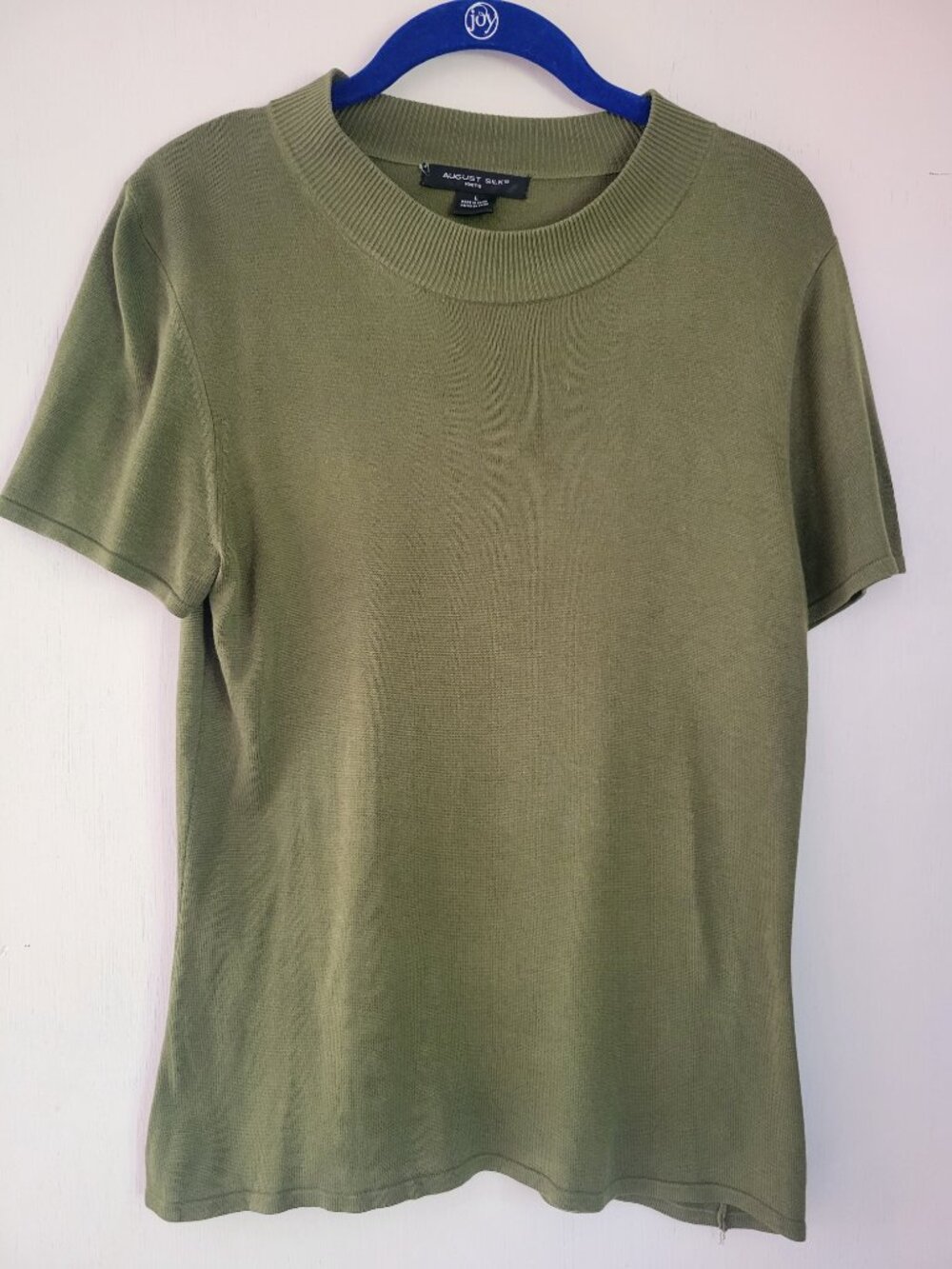 Silk Knit Crew Neck Short Sleeve Top Olive Green Minimalist Quiet Luxury Size L - Picture 2 of 8